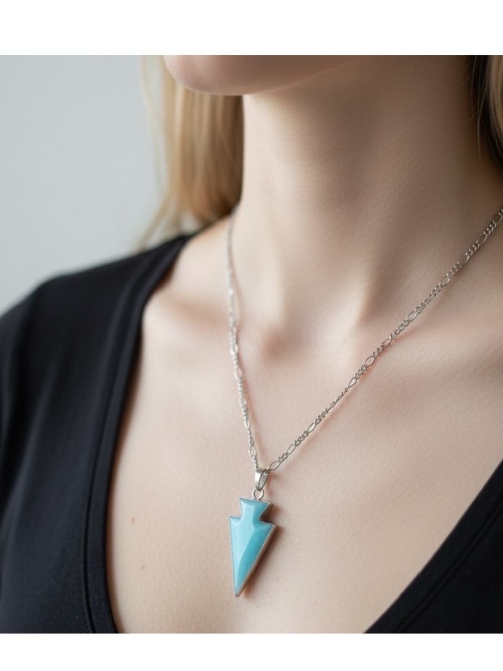 Silver Chain Necklace with Blue Lightning Bolt Pendant